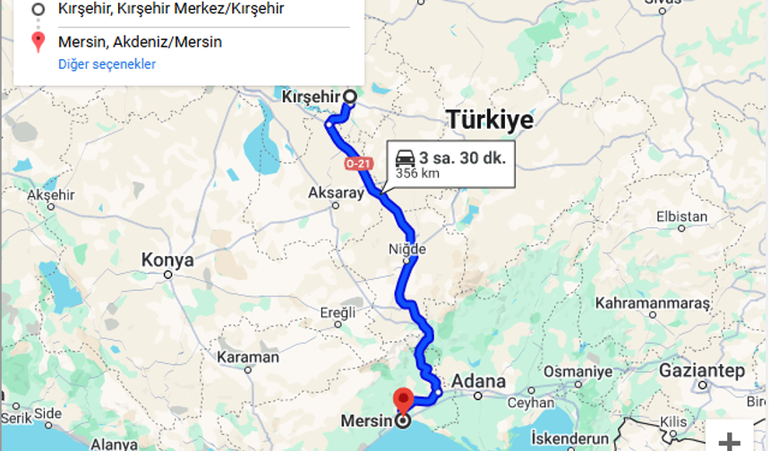 Kırşehir ile Mersin arası kaç Km?  Kaç saat? Yol tarifi