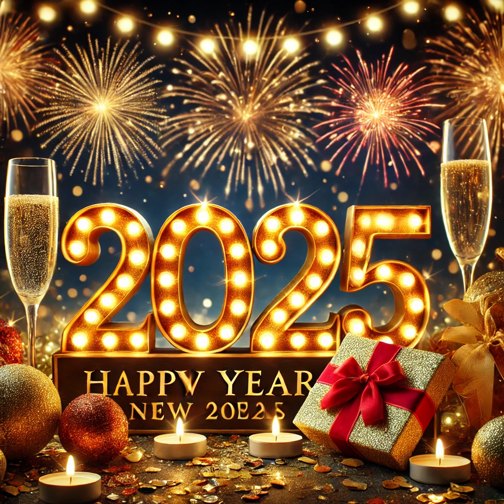 Dall·e 2024 12 05 11.09.24 A Festive New Year 2025 Scene Featuring A Glowing '2025' Sign In Golden Lights, Surrounded By Fireworks In A Night Sky. The Foreground Includes Festiv