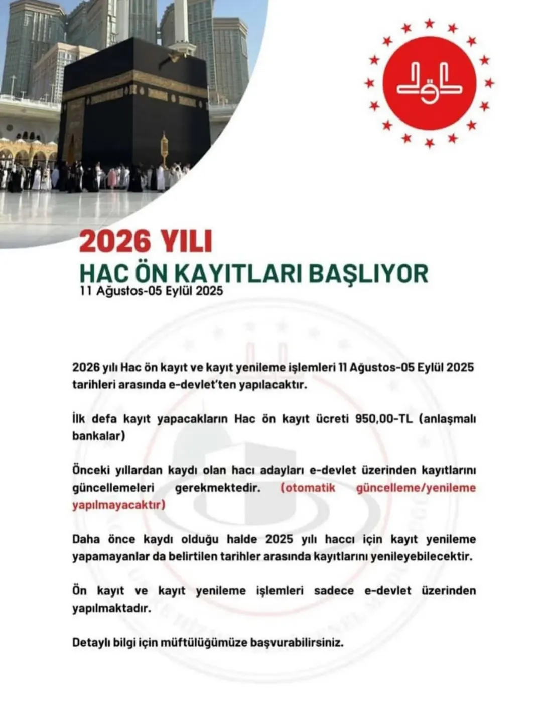 2026 Yili Hac Ön Kayit İşlemleri̇ Duyurusu 1) 2026 Hac Ön Kayıt Ve Kayıt Yenileme Işlemleri 11 A